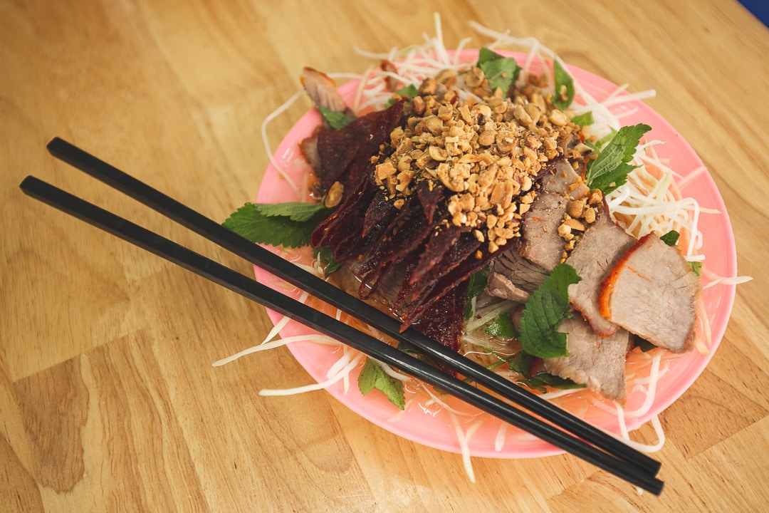 A plate of nom thit bo kho or dried beef salad in Hanoi, Vietnam 